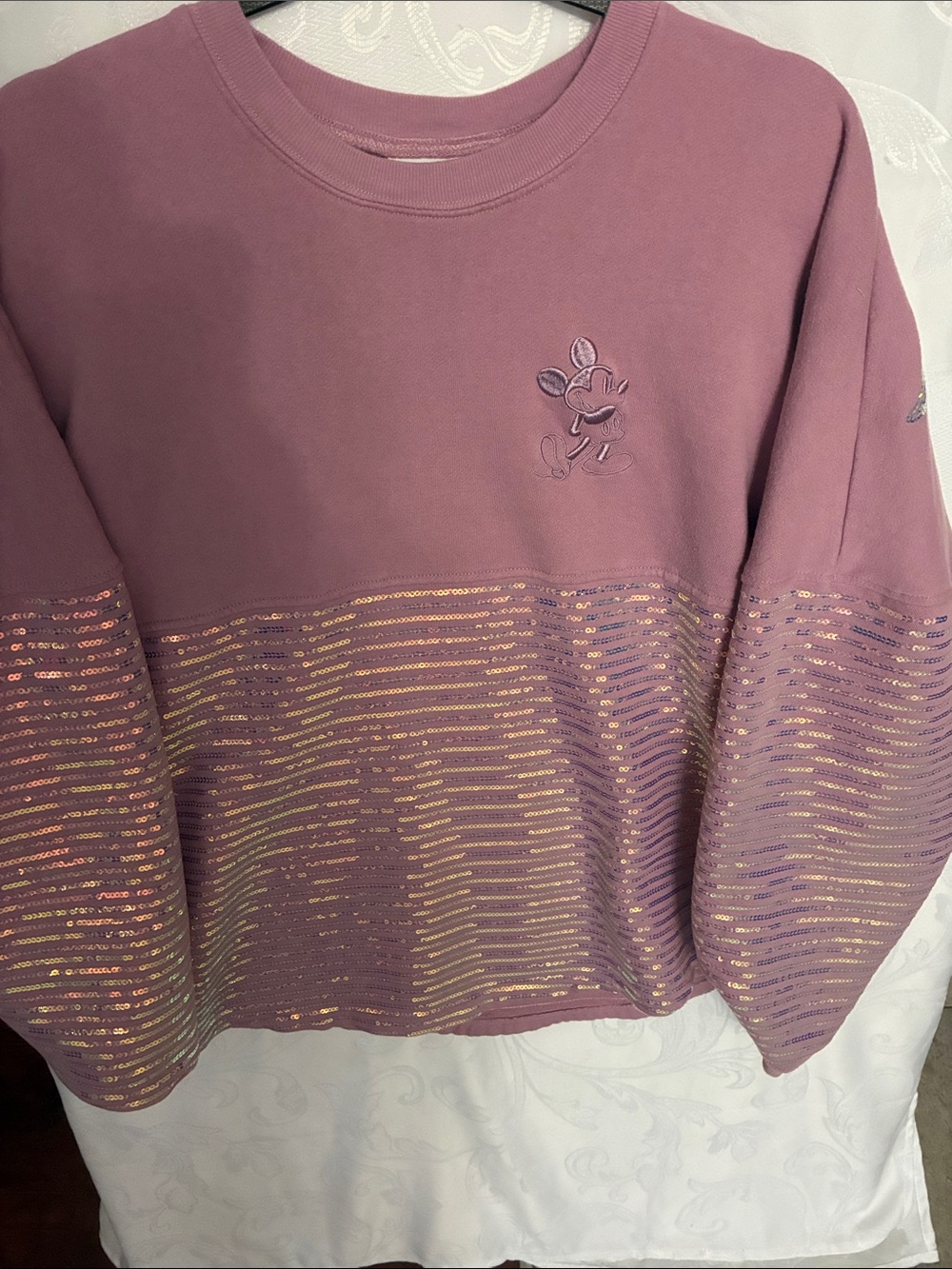 Disney Mauve Crewneck Sweater with Iridescent Sequin Stripes